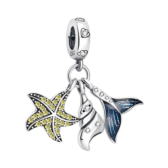 Mermaid, Shell and Starfish Triple Dangle Charm - Mermaid, Shell and Starfish Triple Dangle Charm