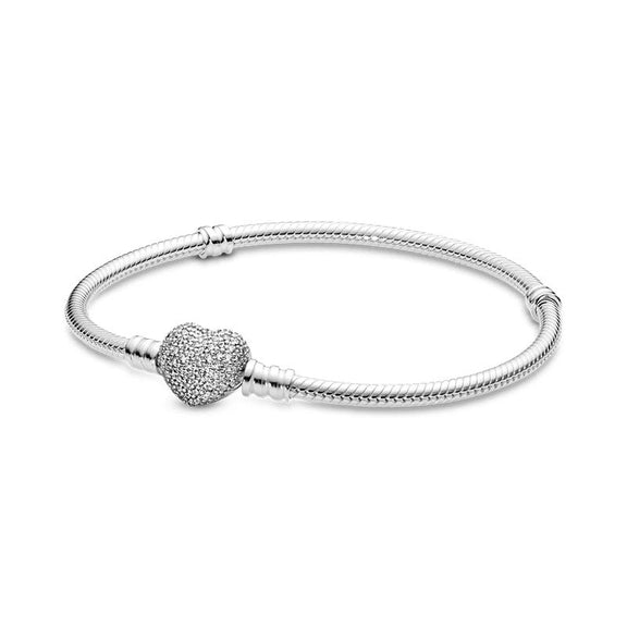 Radiant Full Heart Sterling Silver Snake Chain Charm Bracelet - Radiant heart sterling silver snake chain charm bracelet with cubic zirconia heart clasp