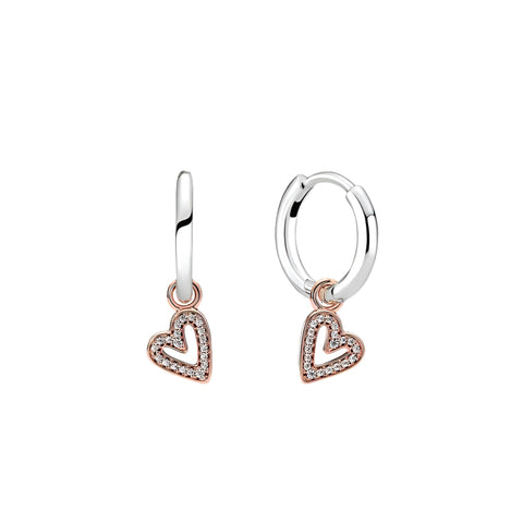 Rose Gold Heart Dangle Earrings Sterling Silver Hoop - Rose gold heart dangle earrings with sterling silver hoop, featuring a delicate and charming design.
