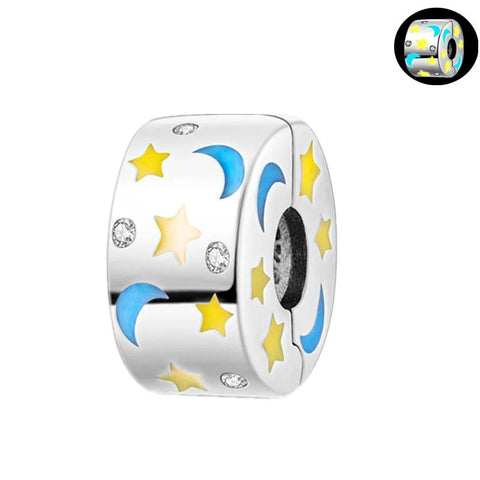 Moon and Stars Charm for Pandora Bracelet - Sterling Silver Bead - Sterling silver moon and stars charm with yellow stars and blue moons on enamel.