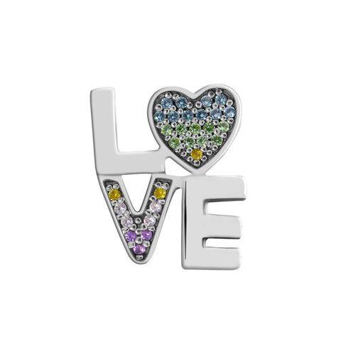 Multicolored LOVE Charm with Crystals in Sterling Silver