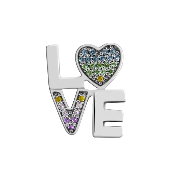 Multicolored LOVE Charm with Crystals in Sterling Silver - Multicolored crystal LOVE charm with a hole for bracelet attachment in sterling silver.