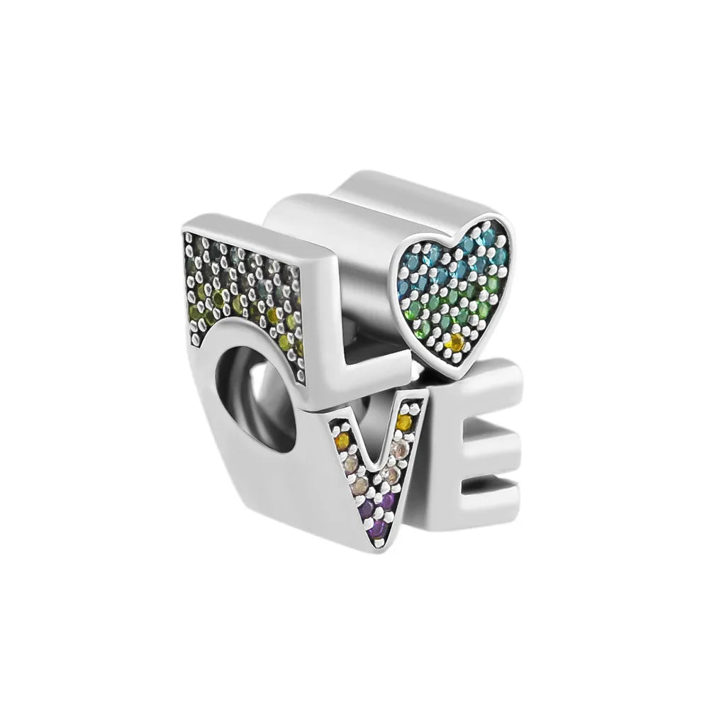 Sterling silver LOVE charm with multicolored crystals and heart-shaped "O."