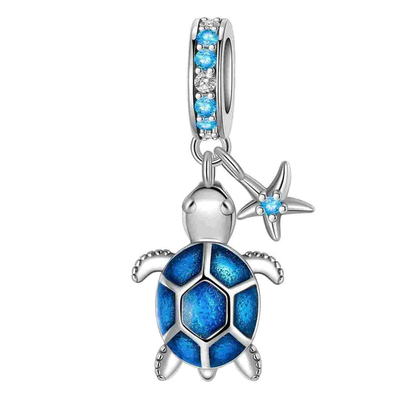 Turtle Charm with Starfish Accent - Sterling silver turtle charm with blue enamel shell and starfish accent, fits Pandora bracelets.