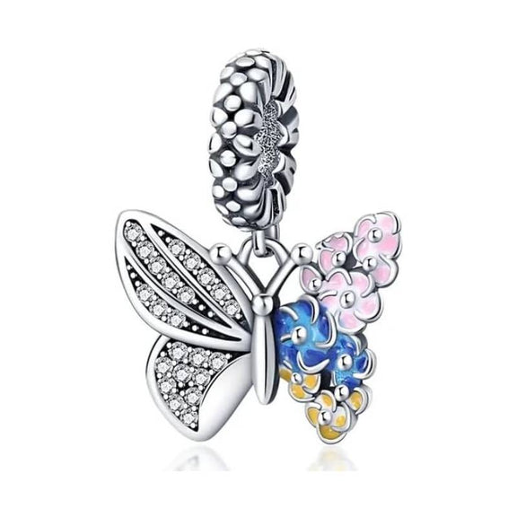 Sterling Silver Butterfly Charm with Colorful Enamel Flowers for Pandora Bracelets - Sterling Silver Floral Butterfly Charm with enamel and crystals