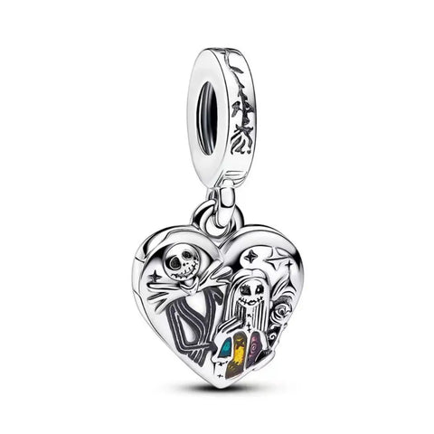 Nightmare Before Christmas- Jack and Sally Heart Shape Dangle Charm - Nightmare Before Christmas- Jack and Sally Heart Shape Open Pendant Dangle Charm