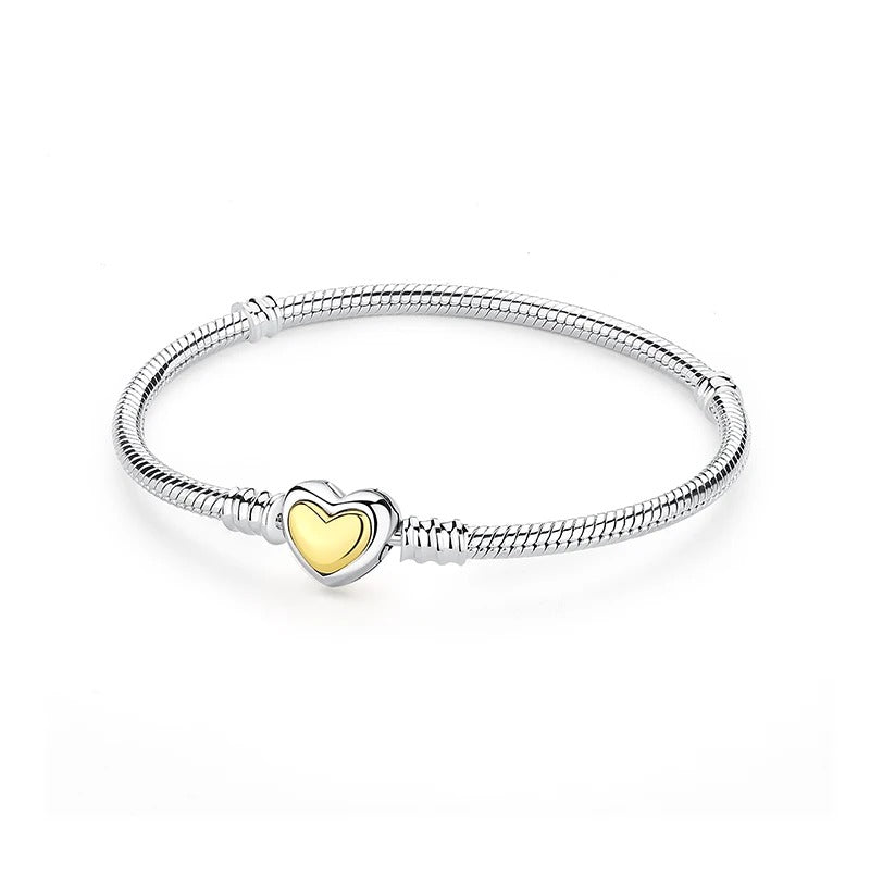 Golden heart sterling silver snake chain charm bracelet with heart-shaped clasp