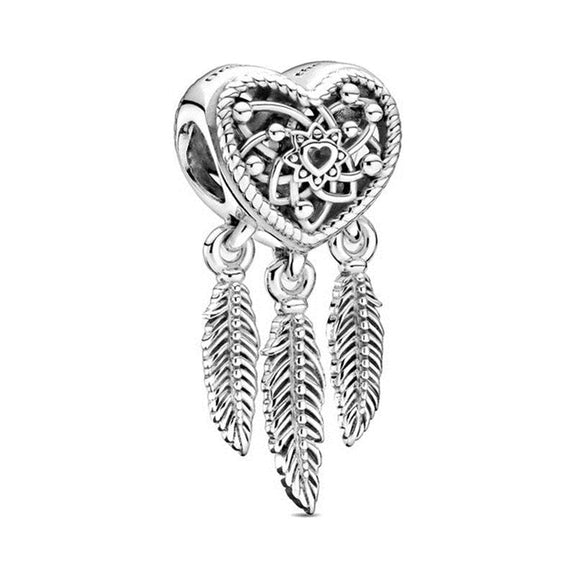 Dreamcatcher Heart Charm with Feathers for Pandora Bracelets - Heart-shaped dreamcatcher charm with feather details, fitting Pandora bracelets