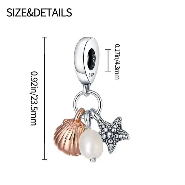 Sterling silver charm featuband a rose gold seashell, white pearl, and detailed silver starfish.