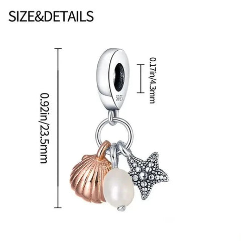 Sterling silver charm featuband a rose gold seashell, white pearl, and detailed silver starfish.