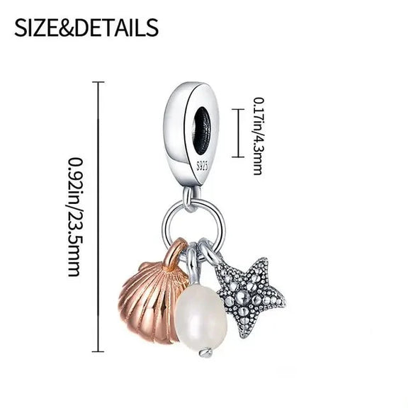 Ocean Treasures Sterling Silver Charm with Seashell, Pearl, and Starfish - Sterling silver charm featuband a rose gold seashell, white pearl, and detailed silver starfish.