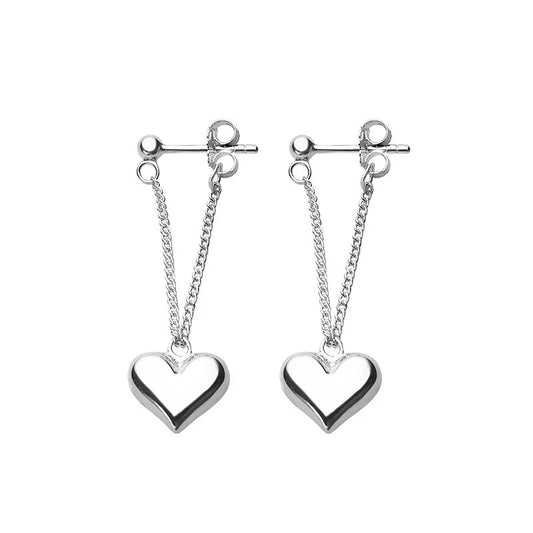 Sterling silver drop earrings with heart pendant and fine chain.