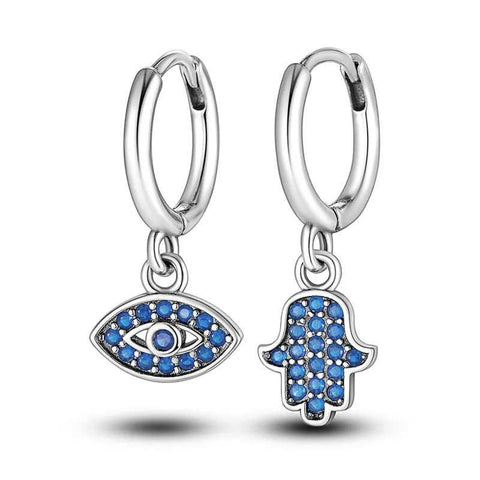 Elegant Sterling Silver Hamsa Evil Eye Charm Hoop Earrings - Sterling silver hoop earrings with blue evil eye and hamsa hand charms.