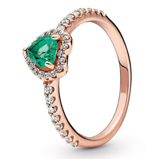 Rose Gold Ring with Green Heart-Shaped Gemstone and Diamond Accents