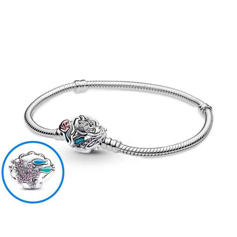 Under Sea Enamel Charm Sterling Silver Bracelet - Sterling silver bracelet with an intricate seashell clasp, adorned with pink and blue gemstones.