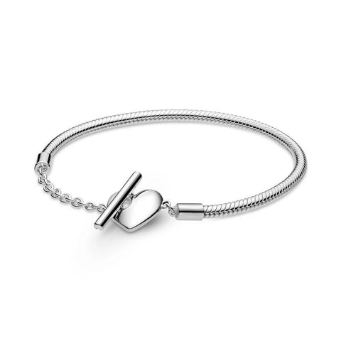 Sterling silver bracelet with a heart toggle clasp, compatible with Pandora charms.