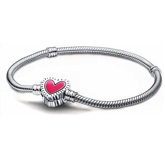 Sterling silver bracelet with a red heart charm, compatible with Pandora charms.