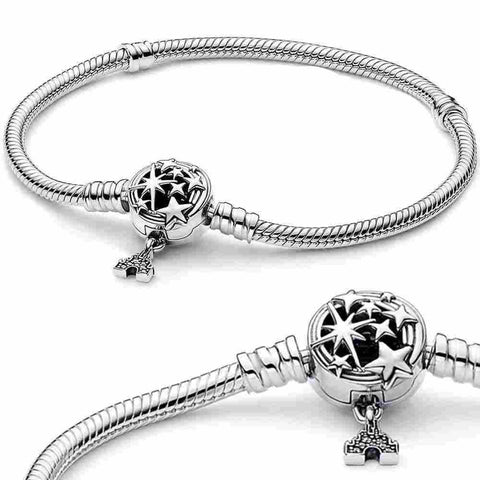 Eiffel Tower Stars Charm Sterling Silver Bracelet - Sterling silver bracelet with a starry night charm and a dangling Eiffel Tower charm.