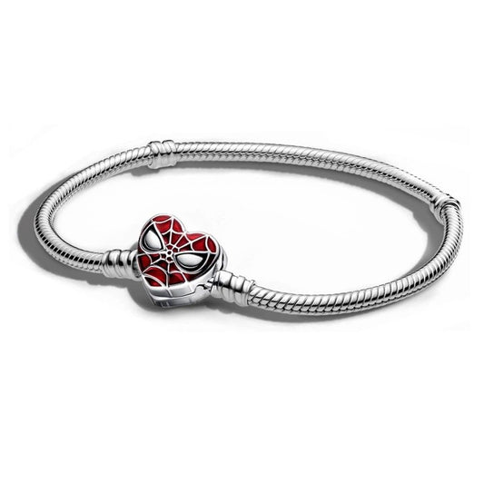 Sterling silver bracelet with a heart-shaped Spider-Man mask charm in red and black enamel.