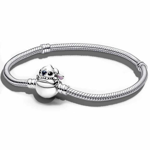 Playful Stitch Charm Sterling Silver Bracelet - Sterling silver bracelet with a detailed Stitch charm, compatible with Pandora charms.