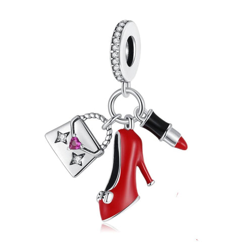 Red shoe and bag charm with lipstick