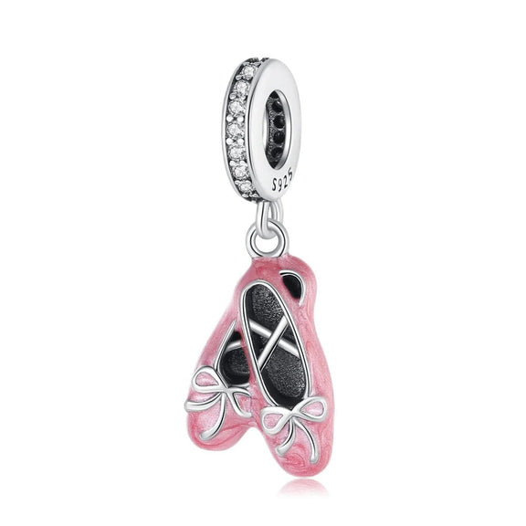 Sterling Silver Pink Ballet Shoes Charm - Dance Your Heart Out - Sterling Silver Pink Ballet Shoes Charm with Sparkling CZ Accents