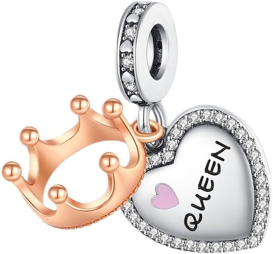 Sterling Silver Heart and Crown Queen Charm with Rose Gold Plating