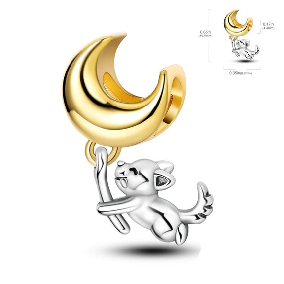 Cat and Moon Charm with Gold Accents - Cat and moon charm with gold accents