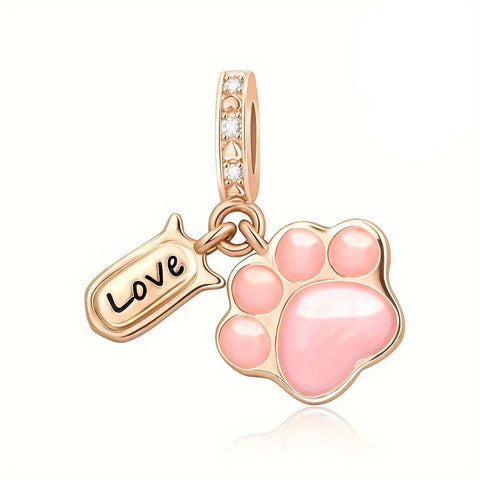 Pink Paw Love Charm with Enamel and Crystals - Pink paw charm with "Love" tag in enamel and crystals