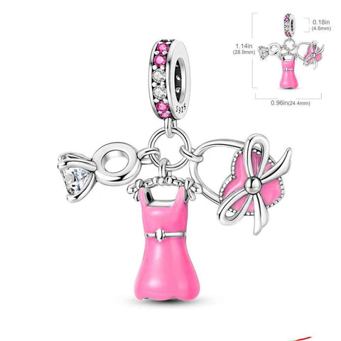 Pink dress charm with bow and ring accents, sparkling pink stones.