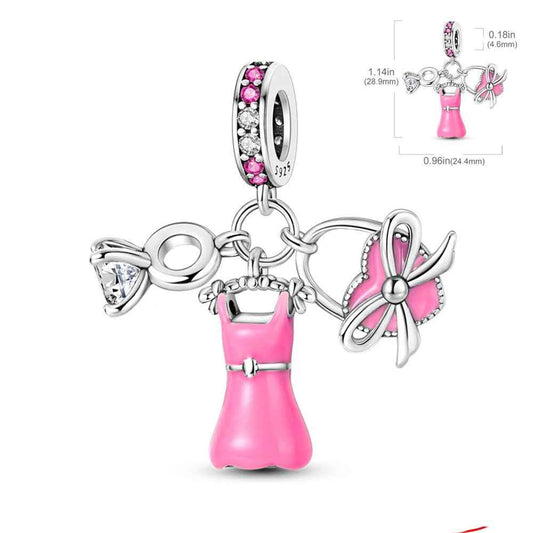 Pink dress charm with bow and ring accents, sparkling pink stones.