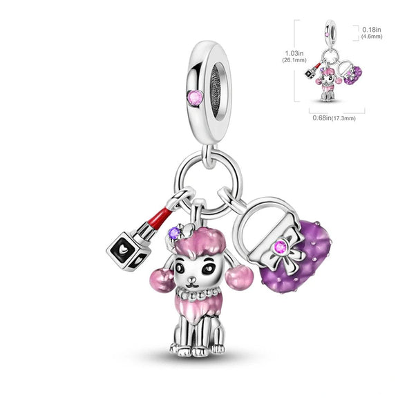 Adorable Poodle Charm with Purse and Lipstick Accents - Poodle charm with pink purse and lipstick, sparkling stone accents.