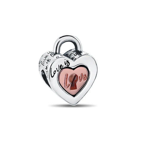 Love Lock Charm - Sterling silver heart lock charm with rose gold keyhole
