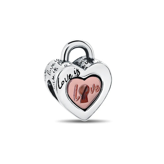 Sterling silver heart lock charm with rose gold keyhole