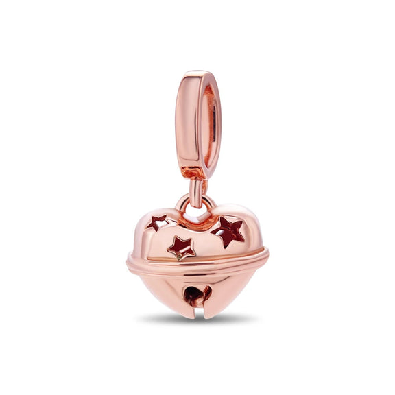 Rose Gold Starry Bell Charm - Rose gold bell charm with stars and shiny finish