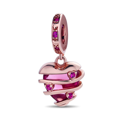Wrapped Heart Charm - Wrapped heart charm in rose gold with pink gemstones
