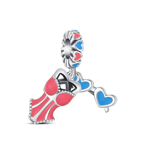 Pink And Blue Heart With Flower Charm - Pink And Blue Heart With Flower Charm