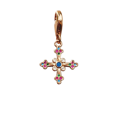 Pink Gold Cross Charm Colorful Stones Blue Accent Charm - Pink Gold Cross Charm Colorful Stones Blue Accent Charm - Compatible with Pandora Bracelets