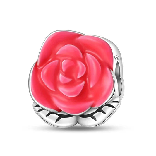 Pandora Pink Rose Charm Silver Plated Base Red Accent