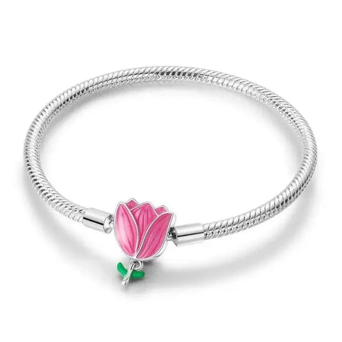 Pink Tulip Charm Sterling Silver Bracelet - Sterling silver bracelet with a pink tulip charm, compatible with Pandora charms.
