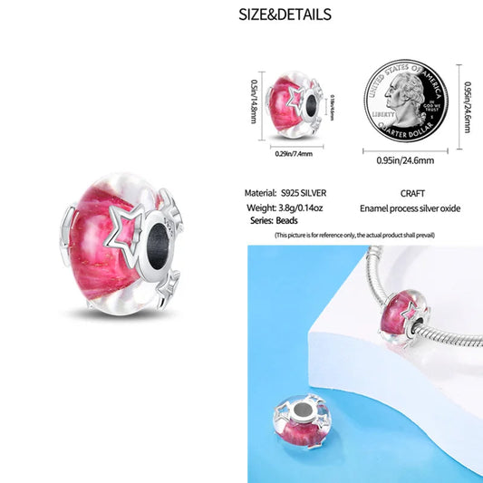 Pink and Silver Star Charm Bracelet - Enamel Crystal Bead