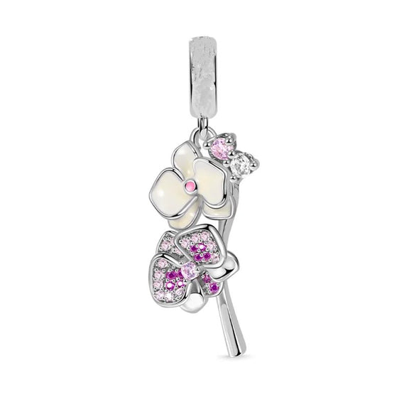 Pink and White Orchid Flower Charm for Pandora Bracelets - Sterling silver pink and white orchid flower charm with enamel and cubic zirconia.