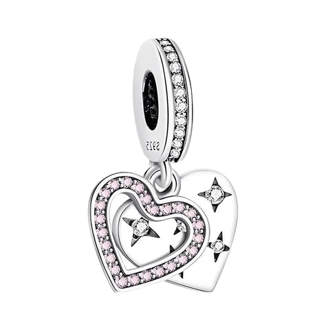 Pink Cubic Zirconia Double Heart Dangle Charm - Pink Cubic Zirconia Double Heart Dangle Charm