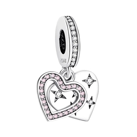 Pink Cubic Zirconia Double Heart Dangle Charm
