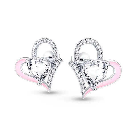 Pink Silver Heart Shaped Stud Earrings - Pink and Silver Heart Shaped Stud Earrings