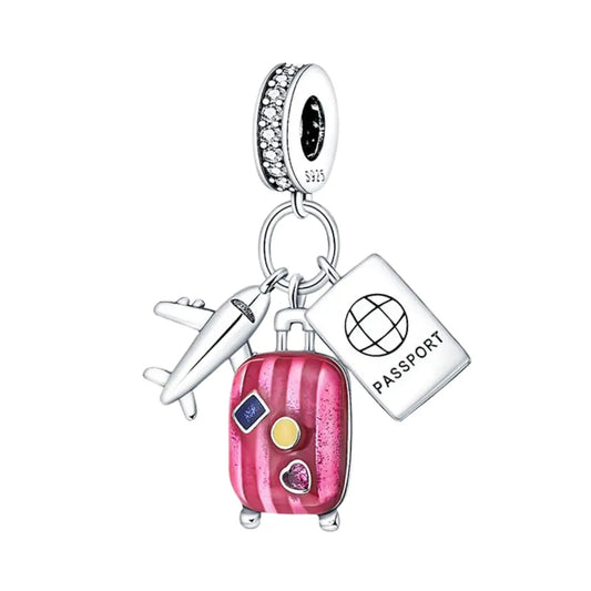 Plane, Passport and Pink Suitcase Triple Dangle Charm