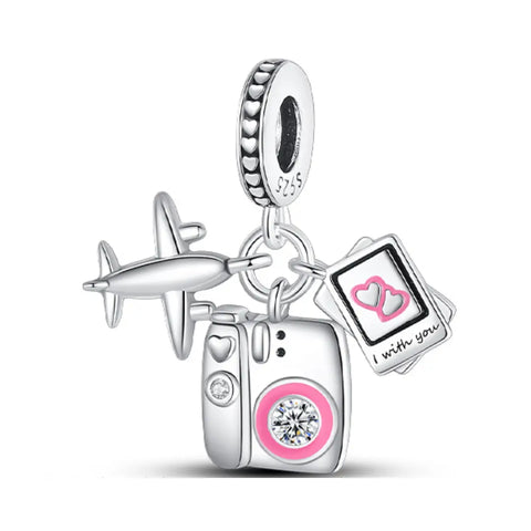 Plane, Polaroid Camera and Polaroids Triple Dangle Charm