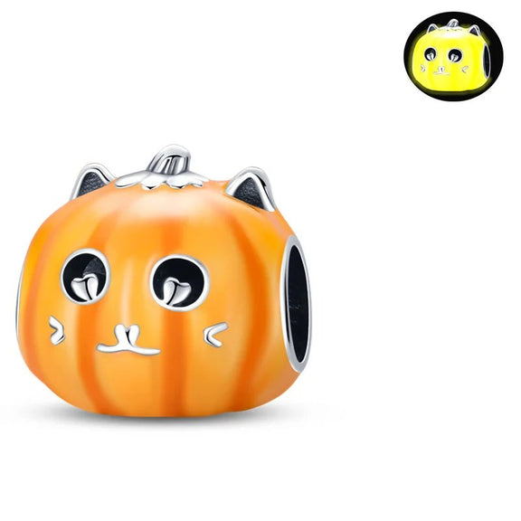 Glow In The Dark Cat Pumpkin Charm - Sterling silver and orange enamel pumpkin cat charm, perfect for Halloween.