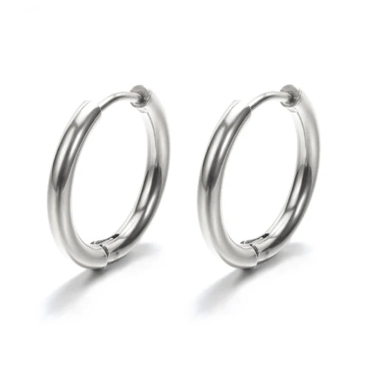 Classic silver hoop earrings on a white background.