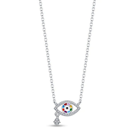 Sterling Silver Evil Eye Pendant Necklace with Multicolored Crystals - Evil eye pendant necklace with multicolored crystals.